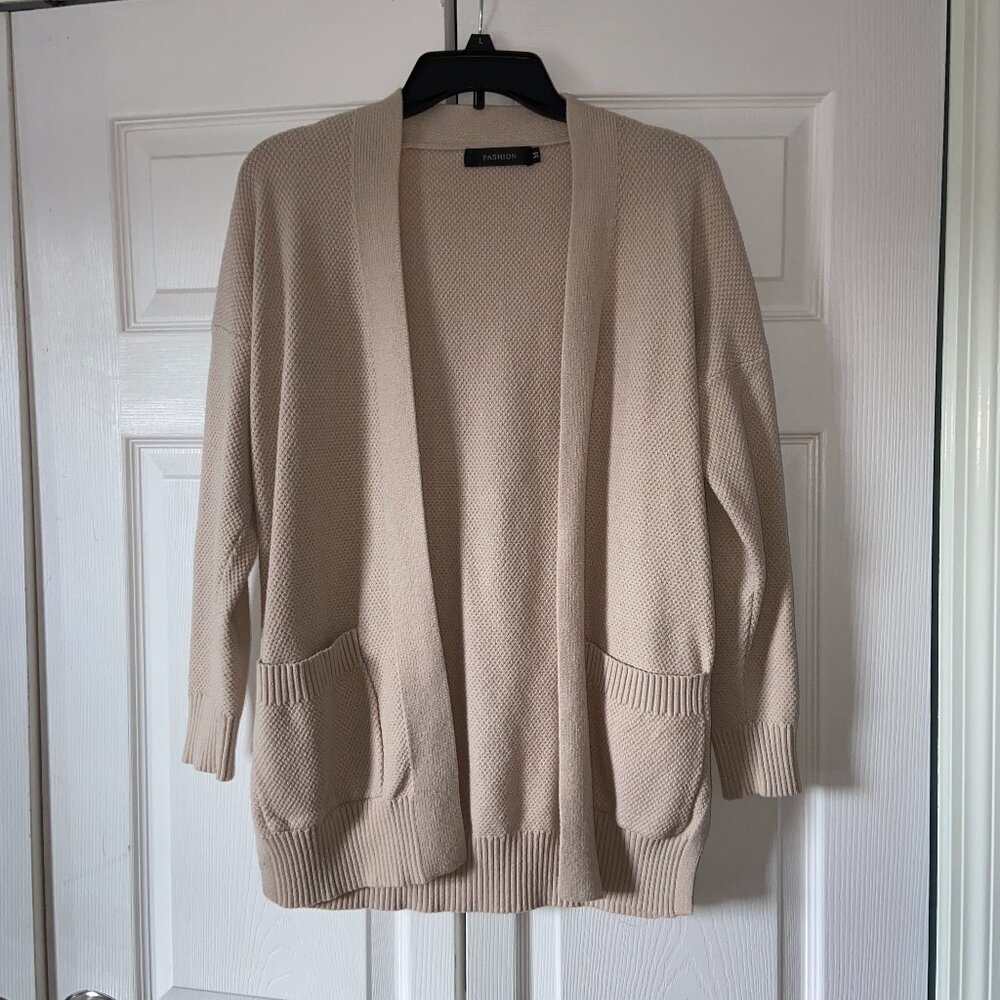 Medium Beige Long Sleeve Open Front Waffle Knit Cardigan Sweater with Pockets